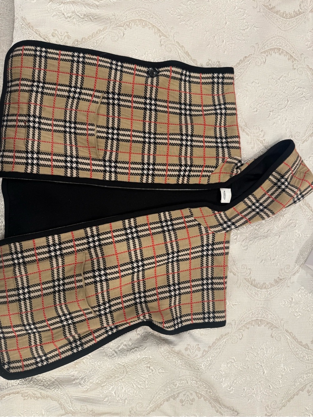Burberry Beige Plaid Kids Skirt with Black Trim and Red Accent